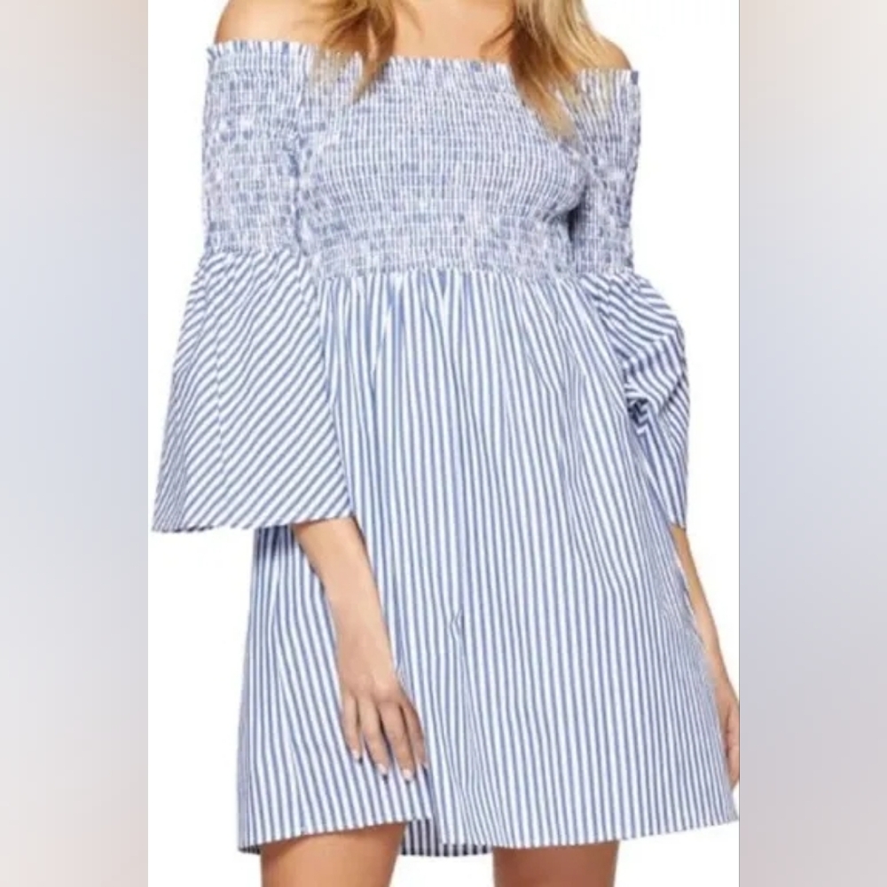 Zara Off Shoulder Striped And Smocked Mini Dress With Flare Sleeves- Small